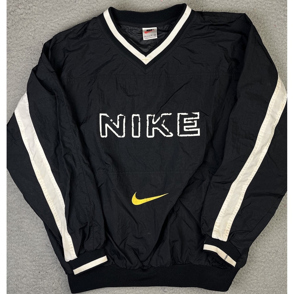 Nike Logo Nylon Pullover Sweatshirt Shirt Black White Vintage 90's Youth XL